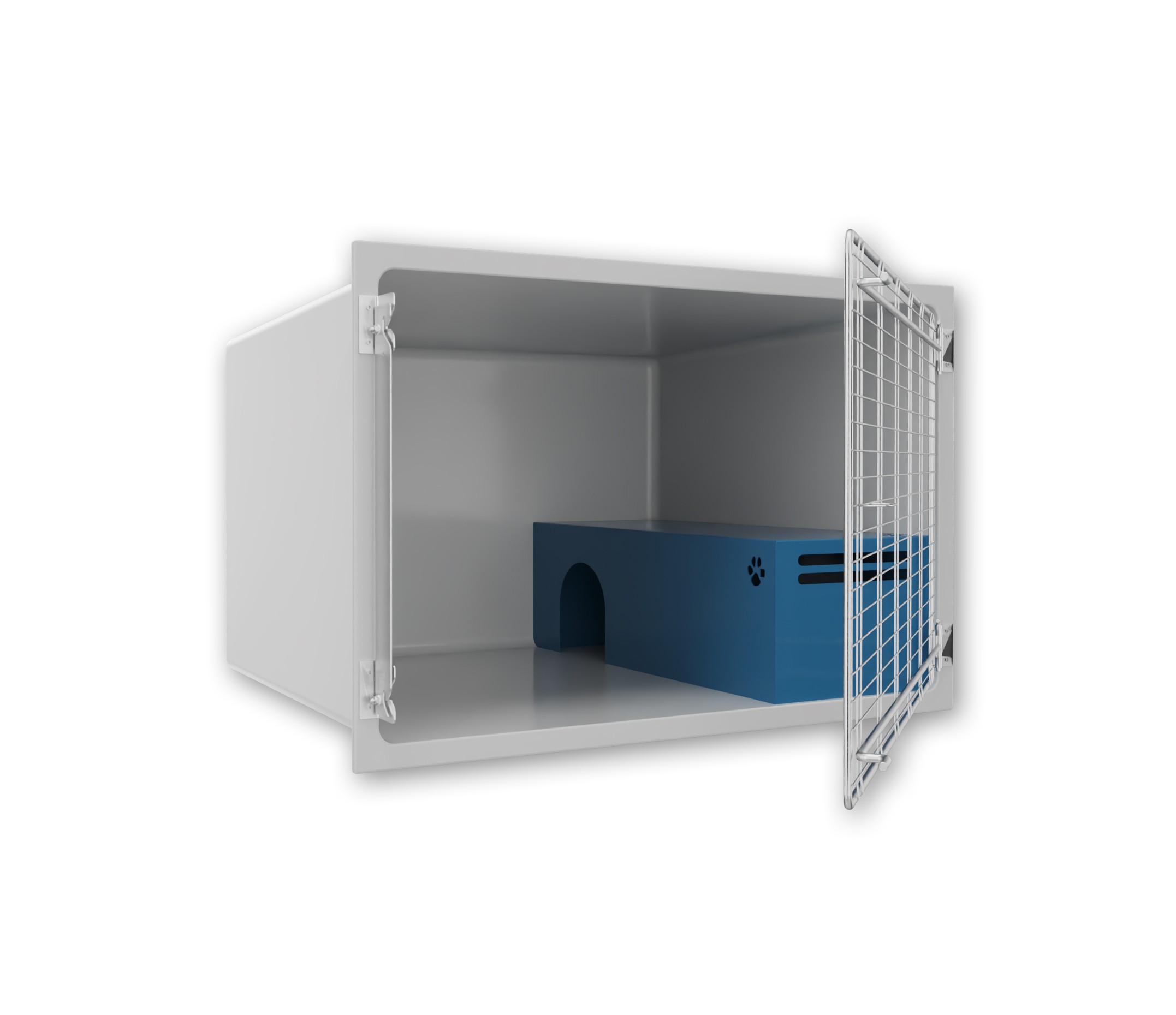 tierische haustierkiste, hundenkäfig, blauer kennel, metallkäfig, schrank