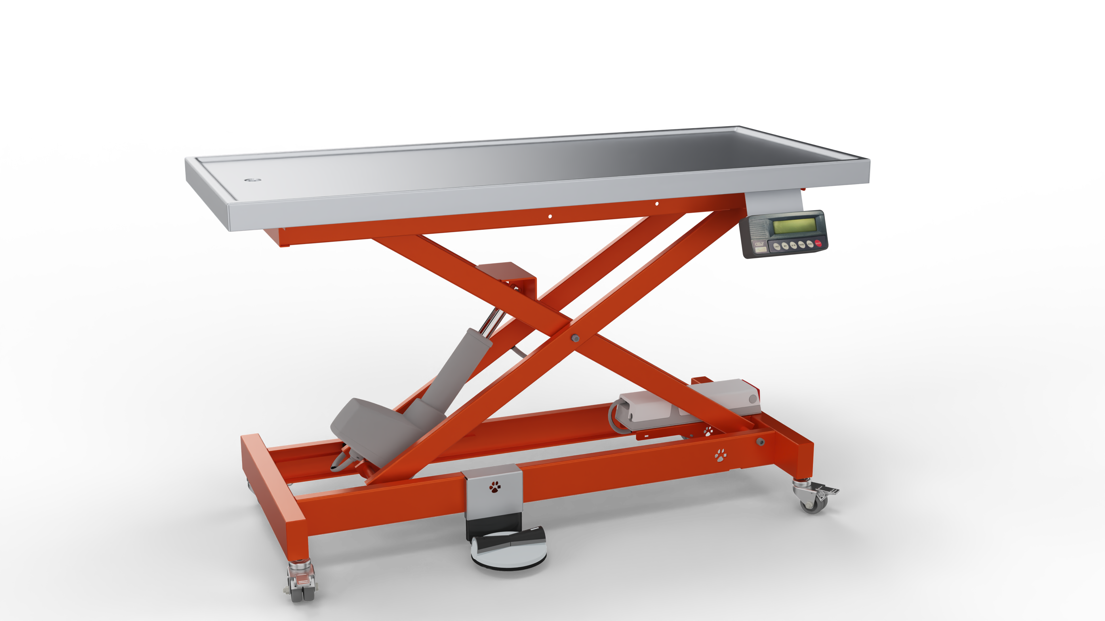 Waage, Prüfplattform, Klapplift, orangenes Gestell, digitales Display