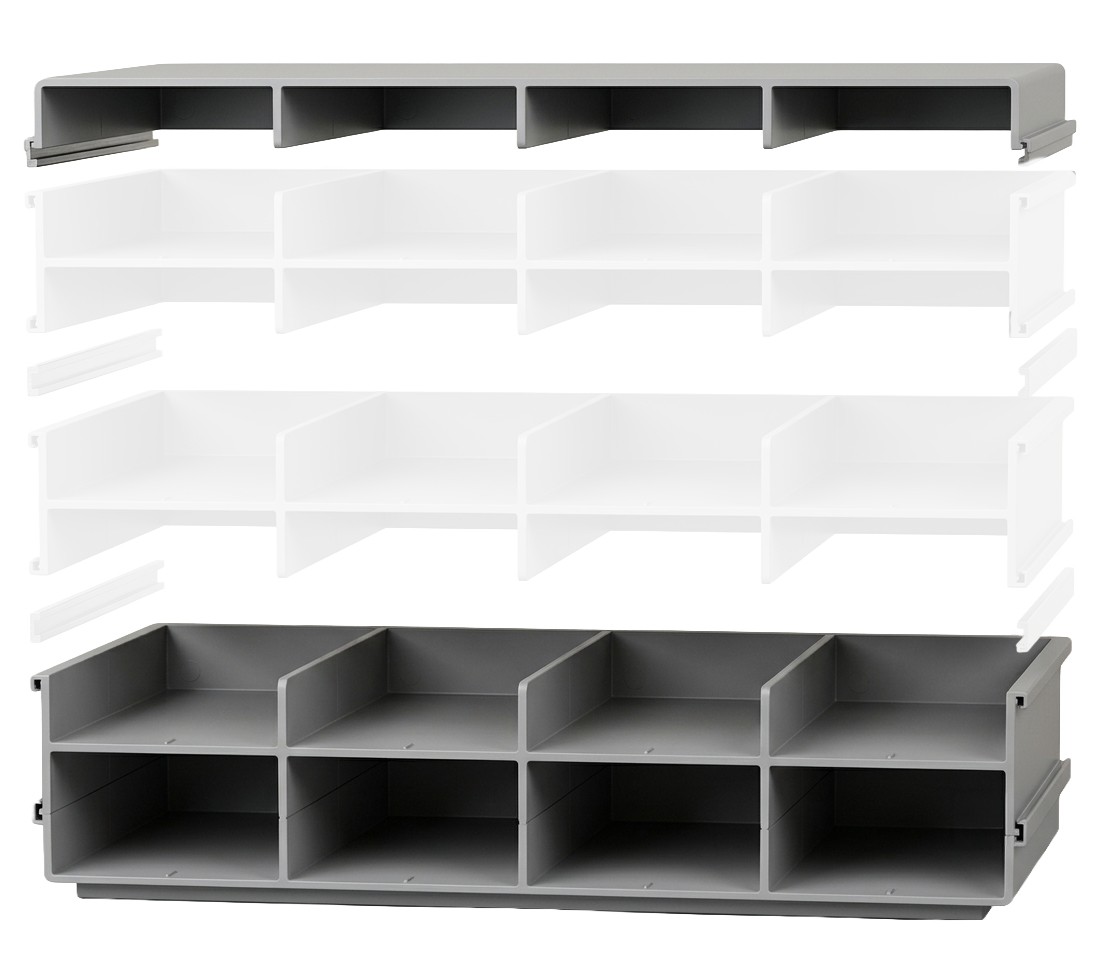 Aufbewahrungsschranke, modulares Regal, Schubladenabteil, grauer Organisator, Trennregal
