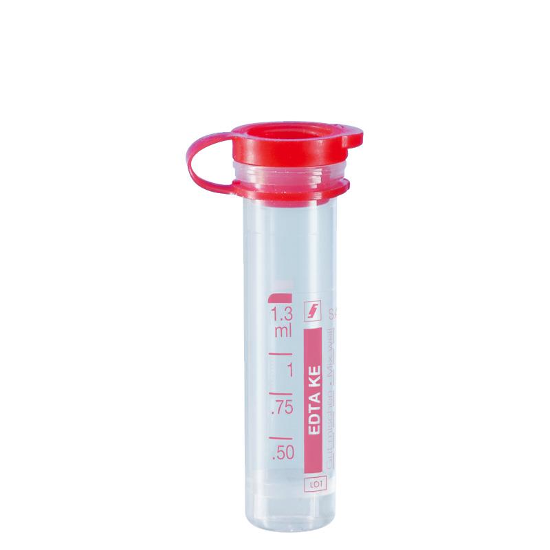 Mikro-Probengefäß 1,3 ml, PE-Softstopfen, Kalium-EDTA, mit Etikett, 100 Stück Mikro-Probengefäß 1,3 ml, PE-Softstopfen, Kalium-EDTA, mit Etikett, 100 Stück