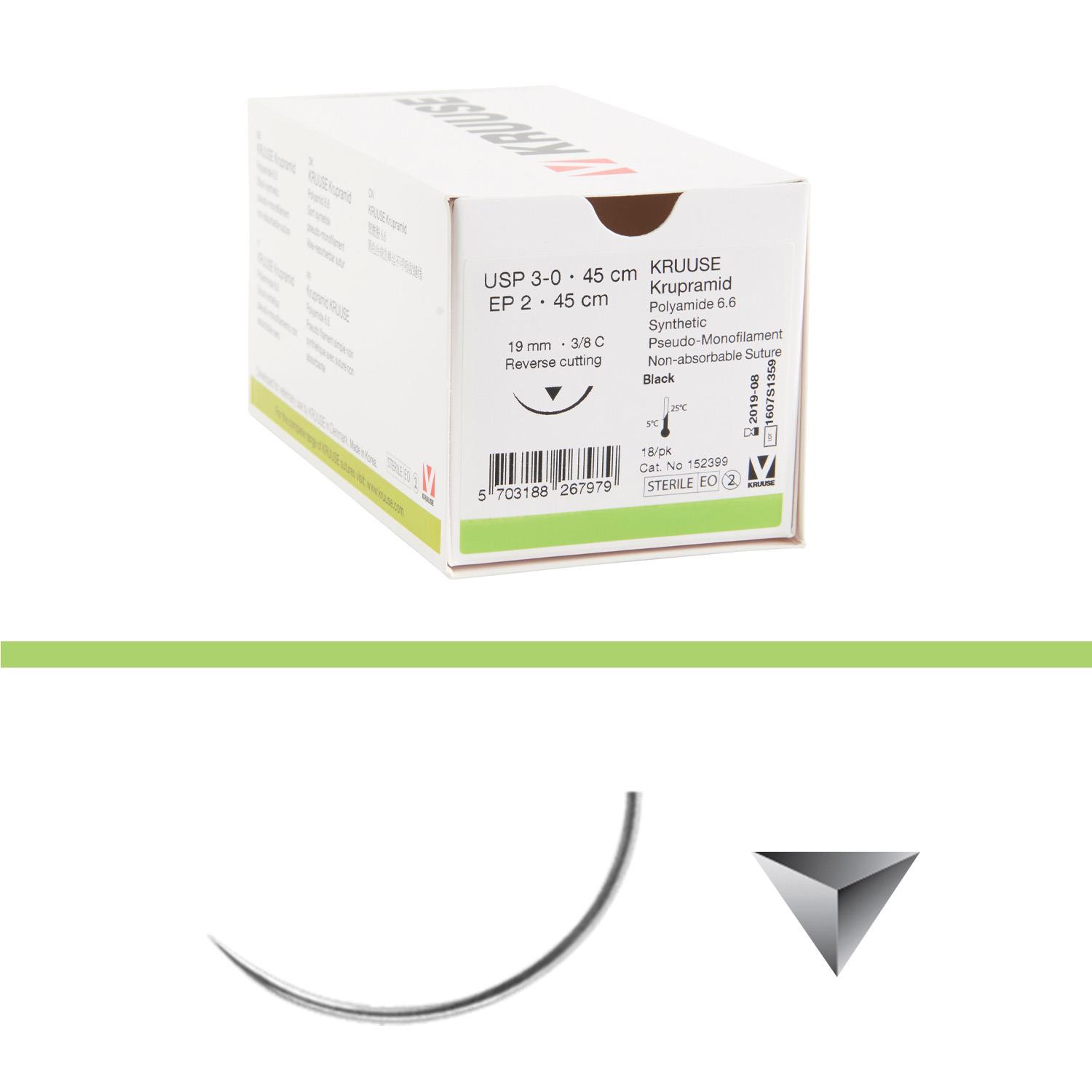 Supramid KRUUSE USP3-0 45cm 30mm Nadel 3/8Kreis schn. 18 Stk Supramid KRUUSE USP3-0 45cm 30mm Nadel 3/8Kreis schn. 18 Stk