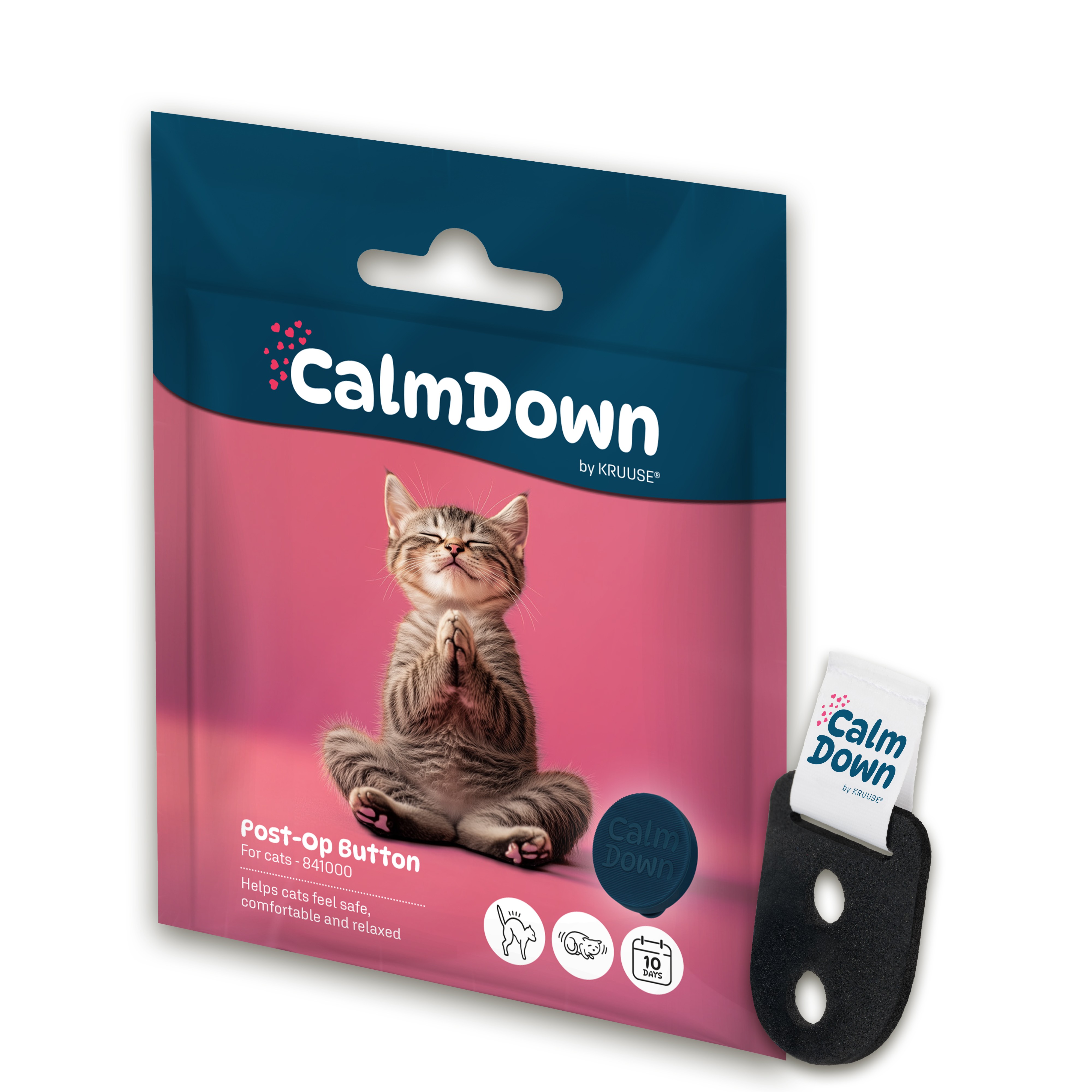 Katzen-Post-OP-Button, CalmDown, Tierpflege, Katzenbedarf, Blaues Knopf-Label
