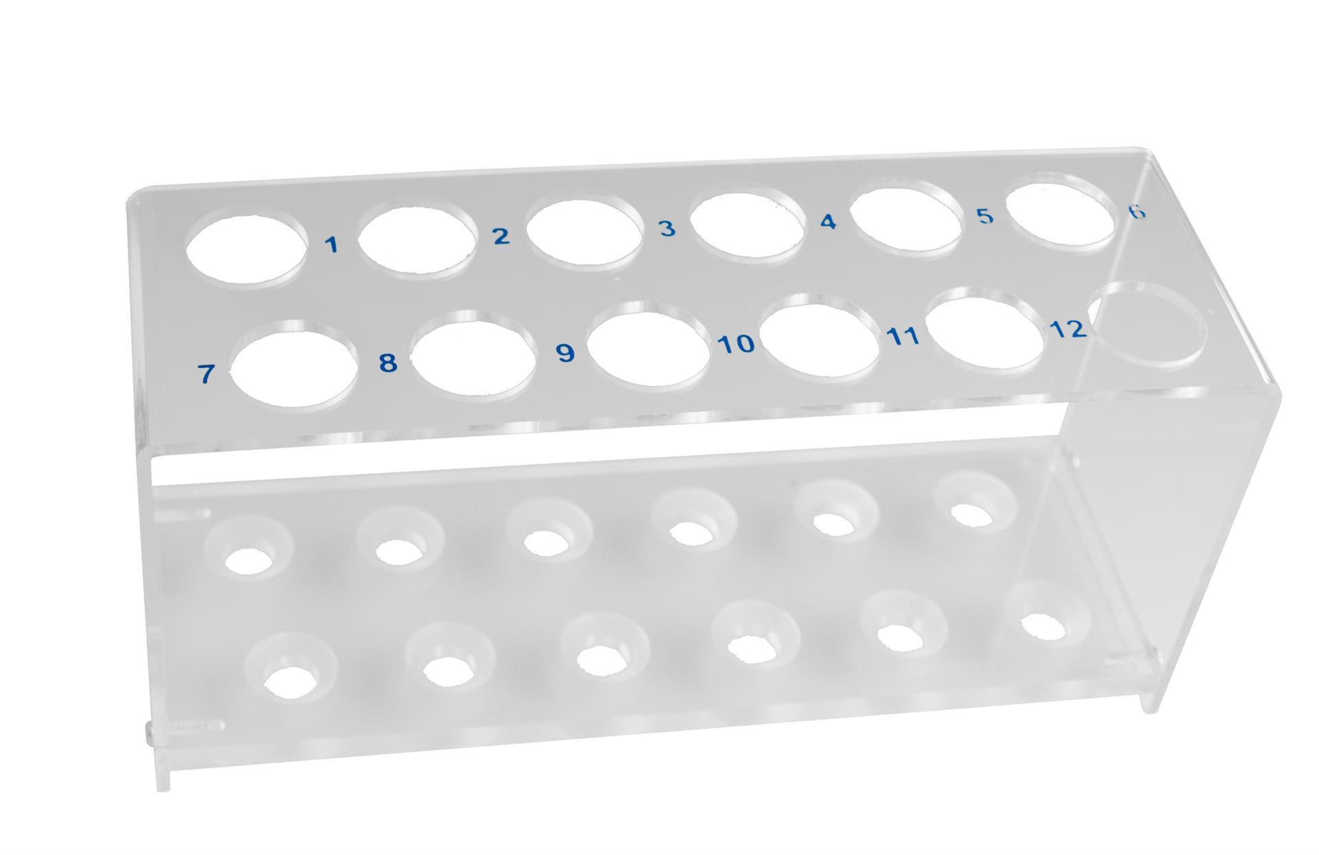 Reagenzglasgestell Plexi-Glas für 12 Gläser, bis 18 mm Reagenzglasgestell Plexi-Glas für 12 Gläser, bis 18 mm
