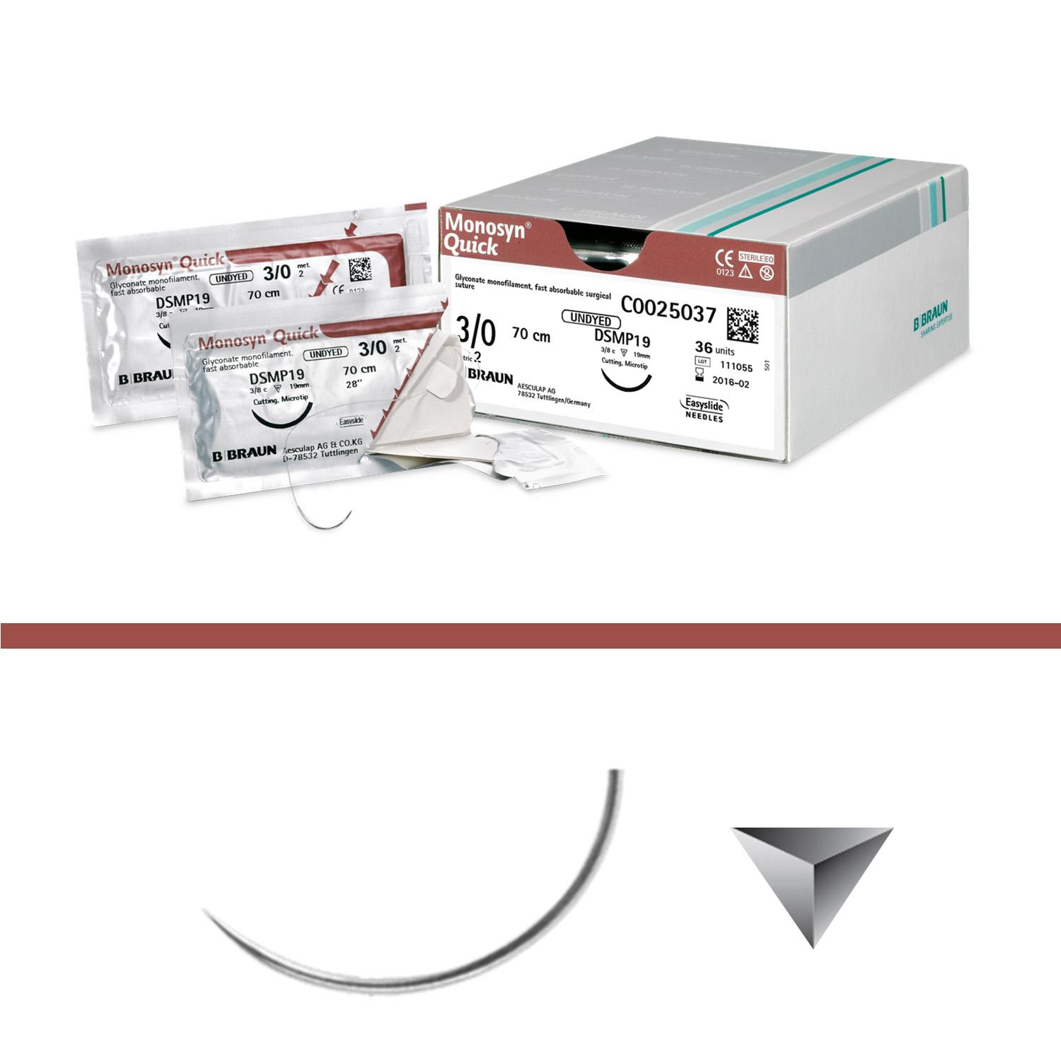 Monosyn Quick ungef., DS 24, USP2/0, metr.3, 70 cm, 36 Stück, 3/8- Kreis schneidende Nadel Monosyn Quick ungef., DS 24, USP2/0, metr.3, 70 cm, 36 Stück, 3/8- Kreis schneidende Nadel